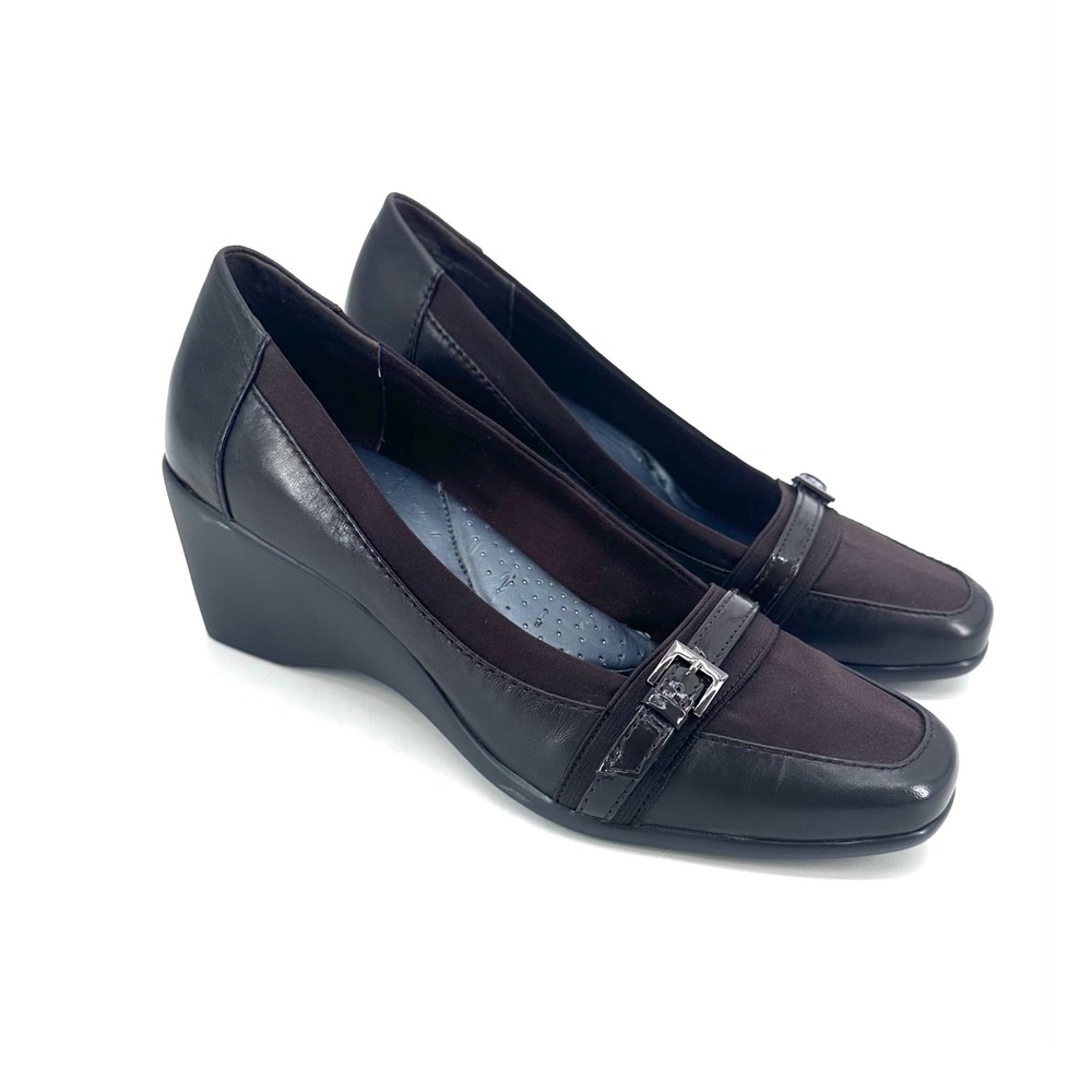 Easy Spirit Women's Wedge Pumps Size 9M Dark Brown Leather Square Toe *SEE